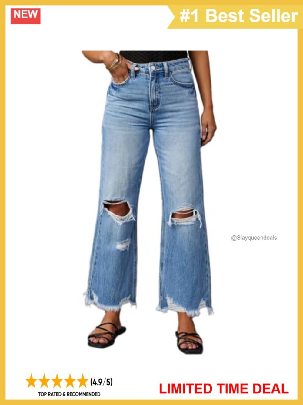High-Rise Ripped Bell Bottom Jeans Raw Edge Hem Boyfriend Wide Leg Denim Pants